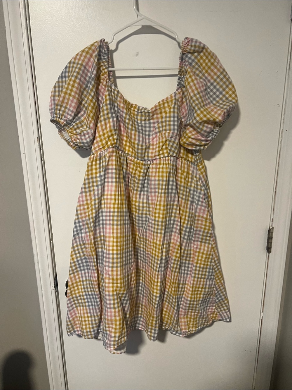 Chic Soul Women’s Gingham Puff-Sleeve Mini Dress in Yellow, Pink, Blue